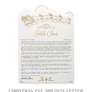 May include: A white letterhead featuring gold foil illustrations of Santa Claus in a sleigh pulled by reindeer. The text reads FROM THE DESK OF Santa Claus, followed by a printed Christmas Eve message with placeholders for names and acts of kindness.