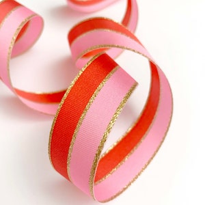 Pink Poppy Red Gold Striped Ribbon, 25mm Wide Striped Ribbon, Christmas ...