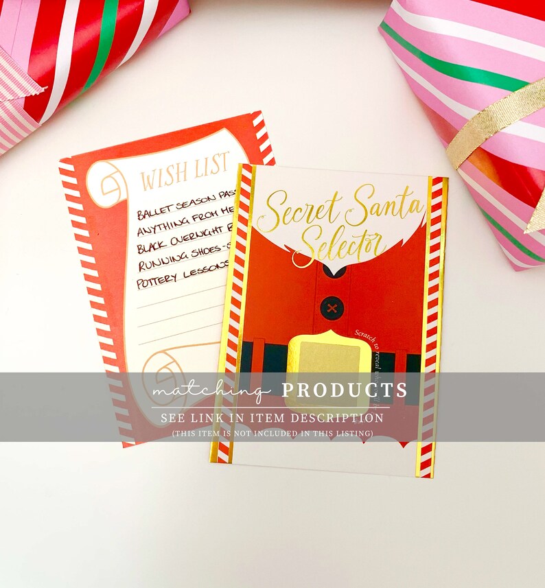 May include: Two Christmas-themed cards with text. One reads "Wish List" with a list of items. The other says "Secret Santa Selector" with a Santa Claus design. Gift wrap with red and pink stripes is in the background.