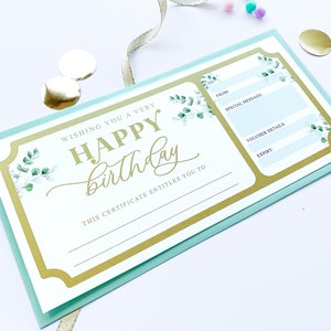 Birthday Custom Gift Voucher, Greenery Birthday Theatre Tickets Gift Certificate, Unisex Birthday Concert Ticket Gift Coupon, Ferras