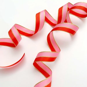 Pink Poppy Red Gold Striped Ribbon, 25mm Wide Striped Ribbon, Christmas ...