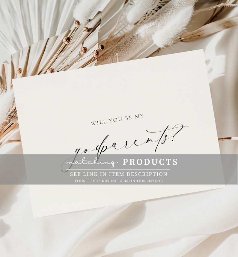 May include: A white card with black text that reads "Will you be my godparents? matching PRODUCTS SEE LINK IN ITEM DESCRIPTION (THIS ITEM IS NOT INCLUDED IN THIS LISTING)"