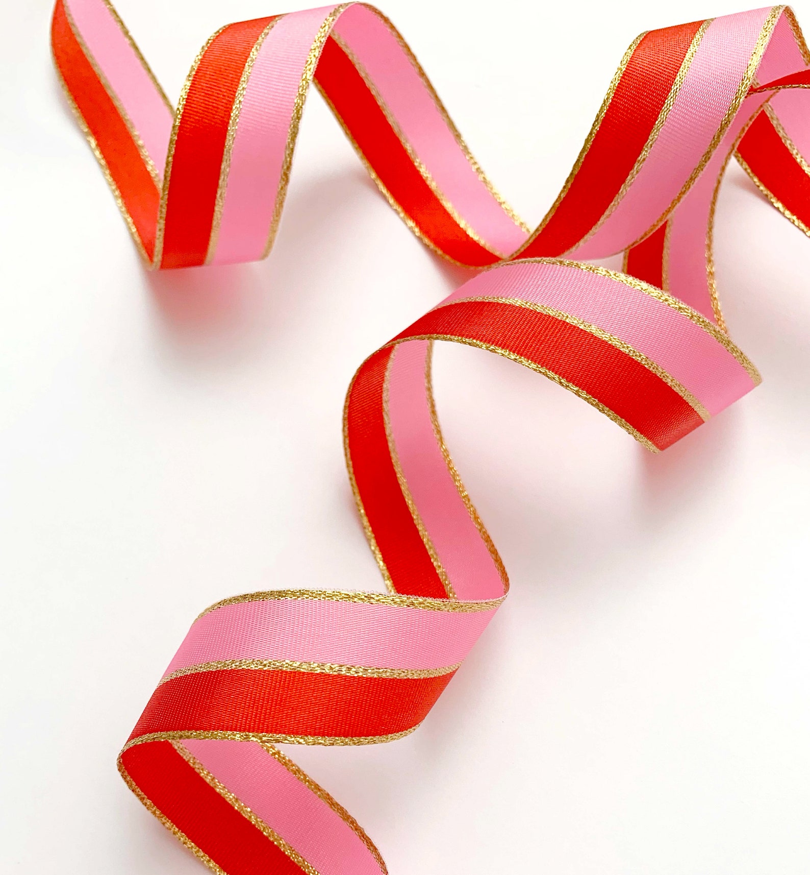 Pink Poppy Red Gold Striped Ribbon, 25mm Wide Striped Ribbon, Christmas ...