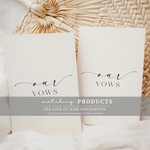 May include: Two white cards with the text "our vows" written in black cursive script. The cards are on a woven background. The text "matching products" is below the cards, with the text "see link in item description (this item is not included in this listing)" below that.