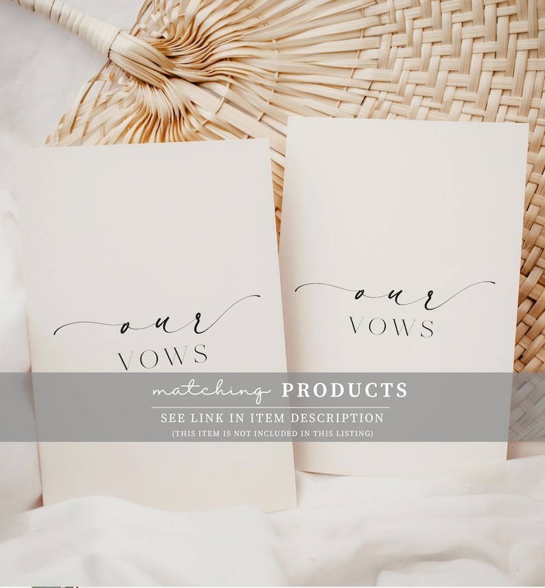 May include: Two white cards with the text "our vows" written in black cursive script. The cards are on a woven background. The text "matching products" is below the cards, with the text "see link in item description (this item is not included in this listing)" below that.