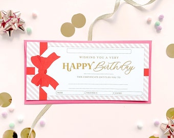 Happy Birthday Gift Voucher, Fully Custom Printed Gift Certificate Birthday Present, Pink Red Gift Coupon, Gift Tag Stripe