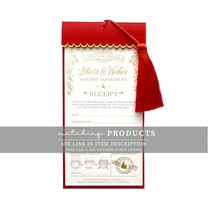 May include: A rectangular Santa's Workshop Letters & Wishes receipt card with a scalloped red top edge and a red tassel. The white card features gold text and graphics, including fields for name, date, and signature, plus three elf illustrations.