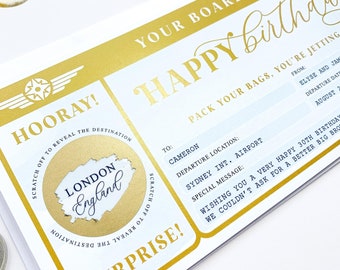 Scratch-Off Happy Birthday Boarding Pass, Blue Watercolour Surprise Reveal Fake Airline Ticket, Birthday Vacation Airplane Ticket Gift