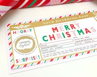 Scratch Reveal Christmas Boarding Pass, Surprise Reveal Fake Plane Ticket, Vacation Plane Ticket Gift, Birthday Weekend Trip, Festive Stripe