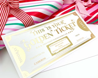 May include: A gold and white ticket with the text "This is your Golden Ticket" and "This ticket is redeemable for..."  The ticket is presented to Cameron from Hanna. The ticket is for a weekend getaway to Melbourne, including dinner at Flower Drum.