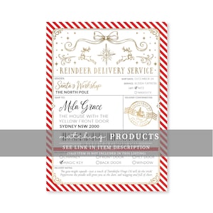 May include: A rectangular Reindeer Delivery Service label with red and white diagonal stripes on the border. The design features gold reindeer, a star, and a bow. It includes text fields for sender, recipient, ship date, and delivery notes.