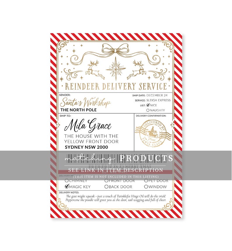 May include: A rectangular Reindeer Delivery Service label with red and white diagonal stripes on the border. The design features gold reindeer, a star, and a bow. It includes text fields for sender, recipient, ship date, and delivery notes.