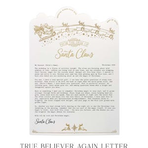May include: A white letterhead with gold foil accents featuring a scalloped top edge, a graphic of Santa Claus in a sleigh pulled by reindeer, and the text "FROM THE DESK OF Santa Claus". The letter includes printed text dated Christmas 2026.