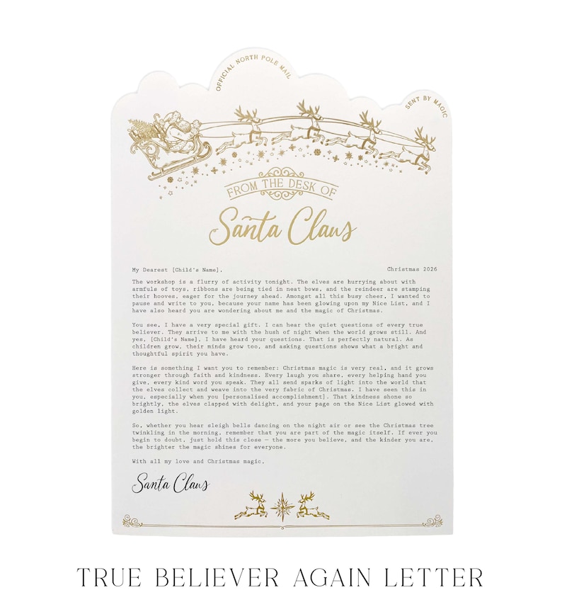 May include: A white letterhead with gold foil accents featuring a scalloped top edge, a graphic of Santa Claus in a sleigh pulled by reindeer, and the text "FROM THE DESK OF Santa Claus". The letter includes printed text dated Christmas 2026.