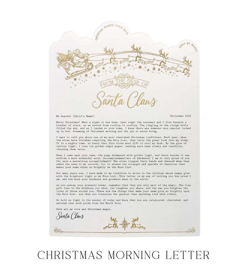 May include: A white letterhead featuring gold foil illustrations of Santa Claus in a sleigh pulled by reindeer. The text reads From the Desk of Santa Claus, Christmas 2026, and includes a printed message with a signature from Santa Claus at the bottom.
