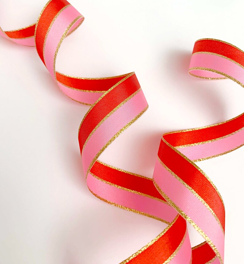 Pink Poppy Red Gold Striped Ribbon, 25mm Wide Striped Ribbon, Christmas ...