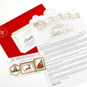 May include: A red envelope, a white letter from Santa Claus with gold foil reindeer and sleigh graphics, and a North Pole Postal Service sticker sheet with three postage stamps featuring elf legs, a reindeer, and a sack of gifts.