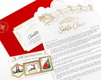 May include: A red envelope, a white letter from Santa Claus with gold foil reindeer and sleigh graphics, and a North Pole Postal Service sticker sheet with three postage stamps featuring elf legs, a reindeer, and a sack of gifts.