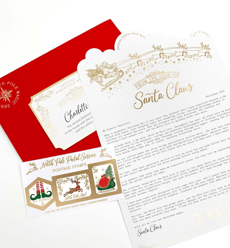 May include: A red envelope, a white letter from Santa Claus with gold foil reindeer and sleigh graphics, and a North Pole Postal Service sticker sheet with three postage stamps featuring elf legs, a reindeer, and a sack of gifts.
