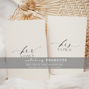 May include: Two white cards with black calligraphy that reads "her vows" and "his vows". The cards are on a white surface with a woven fan in the background. The text "matching PRODUCTS SEE LINK IN ITEM DESCRIPTION (THIS ITEM IS NOT INCLUDED IN THIS LISTING)" is at the bottom of the image.