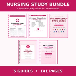 Nursing Study Bundle 141 Pages | 5 Study Guides: Brain Sheets, Dosage Calc, Drug Cards, Med Terminology, EKG | NCLEX Prep