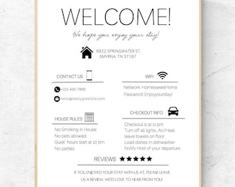 Airbnb welkomstbord, afdrukbare vakantiewoning, bewerkbare sjabloon, dingen om te weten, gastaankomstposter, huisregels, wifi-infoblad, VRBO