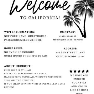 Airbnb Welcome Sign,Vacation Rental Printable, Editable Template, Things to Know, Guest Arrival Poster, House Rules, Wifi Info Sheet, VRBO