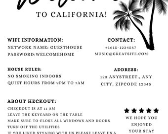 Airbnb-welkomstbord, afdrukbare vakantieverhuur, bewerkbare sjabloon, dingen om te weten, poster gastaankomst, huisregels, wifi-infoblad, VRBO