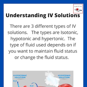 Puede incluir: Diagrama que ilustra los efectos de los diferentes tipos de soluciones IV en los glóbulos rojos. Las soluciones son hipertónicas, hipotónicas e isotónicas. El diagrama muestra cómo las soluciones afectan el movimiento del agua dentro o fuera de los glóbulos rojos.