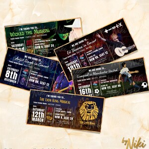 Könnte beinhalten: Ein Satz von fünf bunten Ticketstubs für verschiedene Veranstaltungen, darunter Wicked the Musical, Arijit Singh im Konzert, Ed Sheeran im Konzert, Liverpool gegen Manchester United und Der König der Löwen, das Musical. Jeder Ticketstub zeigt ein anderes Bild und einen anderen Text, einschließlich des Veranstaltungs namens, des Datums, des Ortes und des Namens des Ticketinhabers.