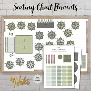 Op de afbeelding: Printbare elementen voor een zitplaatskaart voor een bruiloft of evenement. De elementen omvatten ronde tafels, vierkante tafels, een dansvloer, een taarttafel en naamstickers. De elementen zijn in tinten groen en bruin.