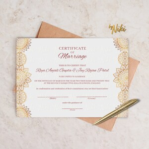Indische Hochzeit Zertifikat | Personalisierte Heiratsurkunde, benutzerdefinierte Hochzeit Andenken, dekorative Heiratsurkunde, printable