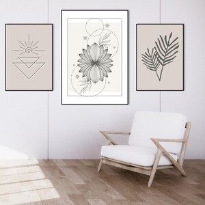 Wandkunst 3er Set, Spirituelle abstrakte Kunst, druckbare Line Art, Boho Beige Wandkunst, PflanzenKunst, Sofortiger Download