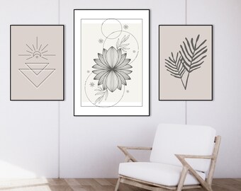 Wandkunst 3er Set, Spirituelle abstracte kunst, druckbare Line Art, Boho Beige Wandkunst, PflanzenKunst, Sofortiger Download