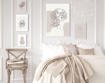 Kunst aan de muur, lijntekeningen, abstracte Boho-kunst, midden van de eeuw muurlijnkunst, Boho groene muurkunst, beige, ivoor; Minimalistisch; Directe download