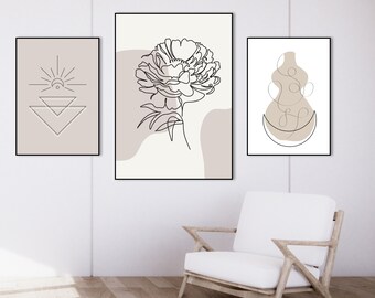 3er Set Wandkunst, lijntekeningen, abstracte Boho Kunst, Mid Century Wandkunst, Boho Beige Wandkunst, Sofortiger Download