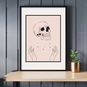 Wandkunst Magischer Schädel, spirituelle abstrakte Kunst, druckbare Halloween Kunst, hell orange schwarz beige, direkter Download
