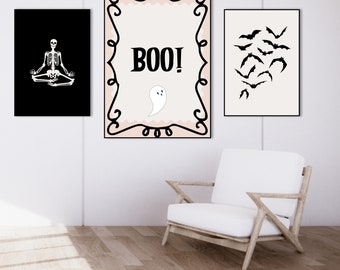 Wandkunst 3er Set / schwarz/beige / Halloween Art / Skelett Fledermäuse / HerbstKunst / Sofortiger Download