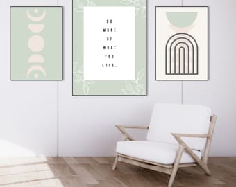 3er Set Wandkunst, Line Art Boho, Grün Beige Abstracte Kunst, druckbare Kunst, Sofortiger Download