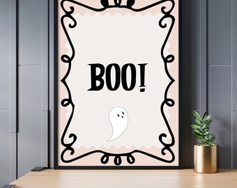 Wandkunst Halloween Boo!, Spirituelle Abstrakte Halloween Kunst, druckbare Line Art, hell orange beige, Herbst Dekor, direkter Download