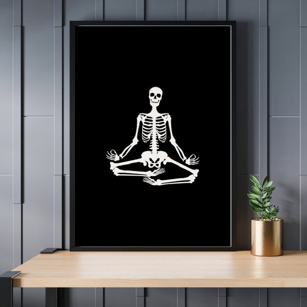 Wandkunst Skelett, Halloween Wandkunst, Yoga Meditierende Kunst, druckbare Line Art, schwarz weiß, direkter Download