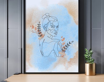 Wandkunst Selbstliebe Aquarell, Spirituelle Abstrakte Boho Kunst, druckbare Linie Kunst, Boho Blau Orange Wandkunst, Sofortiger Download