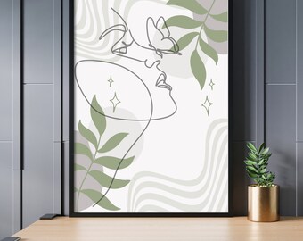 Zauberstab kunstdruck / grün/beige / Line Art / Minimalistisch / Mid Century Wandkunst / Pflanzenkunst / Sofortiger Download