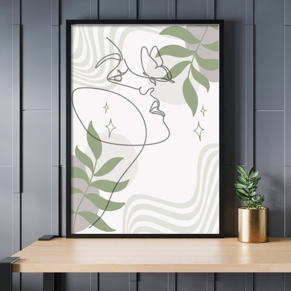 Zauberstab kunstdruck / grün/beige / Line Art / Minimalistisch / Mid Century Wandkunst / Pflanzenkunst / Sofortiger Download