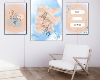3er Set Wandkunst, lijntekeningen, abstracte Boho Kunst, Mid Century Wall Line Art, Boho Blau Orange Wandkunst, herunterladbare Datei