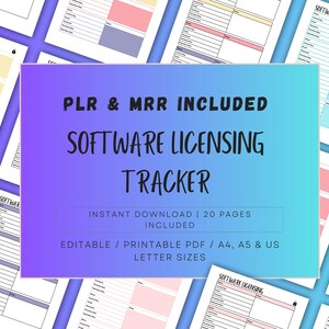 以下が含まれることがあります： 紫と青の背景に、黒い文字で「PLR & MRR INCLUDED SOFTWARE LICENSING TRACKER」と書いてあります。テキストの下には、「INSTANT DOWNLOAD | 20 PAGES INCLUDED」と「EDITABLE / PRINTABLE PDF / A4, A5 & US LETTER SIZES」と書いてあります。背景は、ソフトウェアライセンスのトラッカーのページがいくつかあり、各ページの色が異なります。黄色、ピンク、青、灰色です。