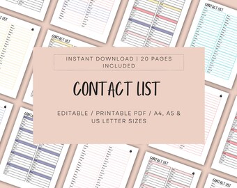 Editable, Printable Contact List, Contact List pdf, Contact List Document, Contact List Log, Address Book, Digital Download, Planner
