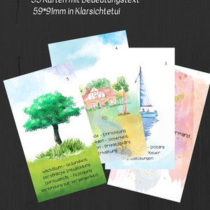 May include: A deck of oracle cards titled "DEE'S Oracle Lenormand" with watercolor illustrations. The cards feature images of a tree, a house, and a sailboat. The deck includes 55 cards with text, measuring 59x91mm.