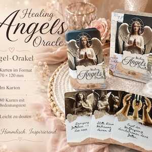 Könnte beinhalten: Ein Set "Healing Angels Oracle" Karten in einer Box. Die Box und Karten zeigen Engel mit Flügeln. Die Karten sind 7 x 12 cm groß. Der Text auf der Box lautet "Healing Angels Oracle" und "Engel-Orakel".