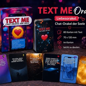 Peut inclure: Un coffret de cartes oracle "TEXT ME" avec un motif de cœur. L'ensemble comprend 80 cartes avec du texte, mesurant 7 x 12 cm, et est livré dans une boîte. Plusieurs cartes individuelles sont affichées, chacune avec un texte et des graphiques uniques.